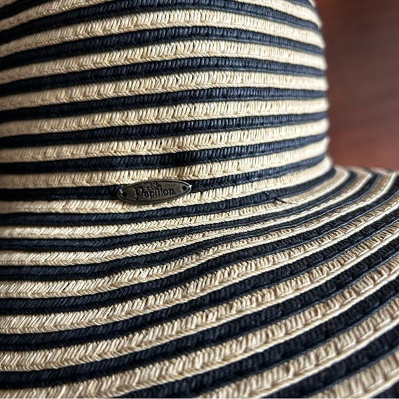Papillon Extra Wide Brim Striped Sun Hat in Black and Tan, 100% Paper, OS - Picture 6 of 16
